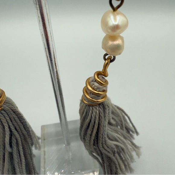 Genuine Pearl and Grey Tassel Earrings - Picture 9 of 12
